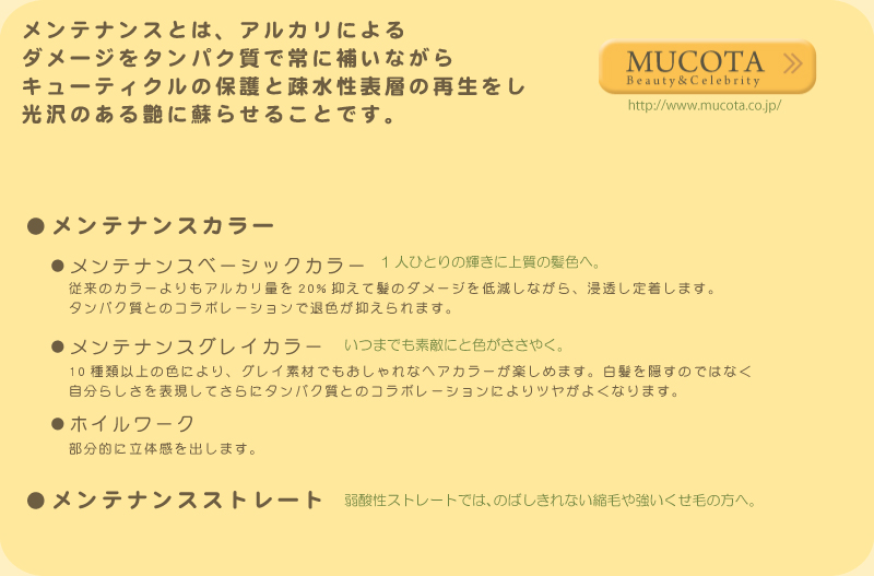 メンテナンスとは、アルカリによるダメージをタンパク質で常に補いながらキューティクルの保護と疎水性表層の再生をし光沢のある艶に蘇らせます。ムコタ　http://www.mucota.co.jp